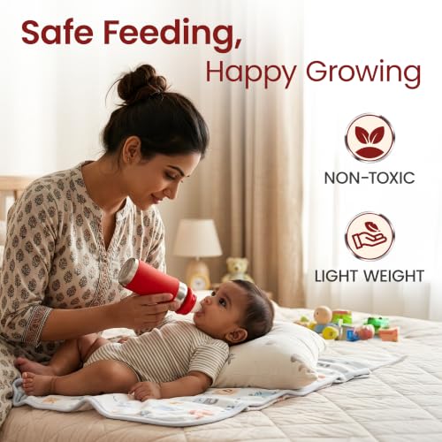Image of LuvLap Baby Steel Feeding Bottle 240ml, Made of SS304 Rust Free Steel, Baby Milk /Water Bottle with Dust Cover, Heat Protective Silicone Cover, BPA Free, Odour Free, Leak Proof, Red, 0M+