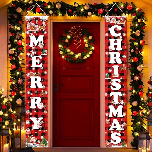 Christmas Decorations Outdoor Yard Front Porch Sign Set Red Black Buffalo Plaid Door Banner Hanging Merry Christmas Decorations for Wall Home Party Decor Christmas Decorations Indoor Outdoor