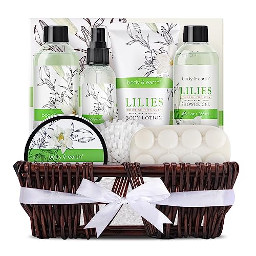 BODY & EARTH Geschenke für frauen, 10 tlg. Lilienduft Badeset Geschenkkorb mit Schaumbad, Bodylotion, Spray, Badesalz usw., Wellness Set Geschenkset für Frauen, Freundin, Mama zum Geburtstag Feiertag