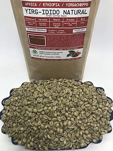5 Pounds – African - Ethiopia Yirg-Idido Natural - Unroasted Arabica Green Coffee Beans – Ethiopian Heirloom – Drying Process Natural On Raised Beds – Mill Idido – Family Farms - Includes Burlap Bag #TOP3