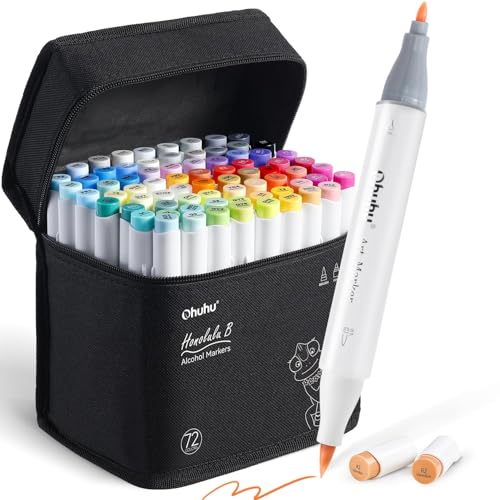 Image of Ohuhu Alcohol Markers Brush Tip-Double Tipped Art Marker Set For Artist Adults Coloring Illustration-72 Colors-Alcohol-Based Refillable Ink-Fine & Brush Dual Tips-Honolulu B Of Markers,Multicolor