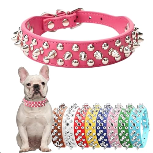 Collare per cani di piccola taglia, rosa acceso, con borchie, in pelle PU, a funghi, collari per cuccioli di taglia XXS, XS, M, L, taglia S