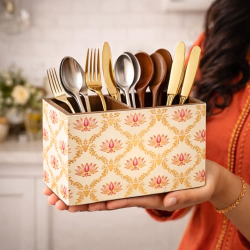Image of Wooden Cutlery Stand with 2 Sections - Spoon Stand for Kitchen & Dining Table Organizer (10x16x12 cm) - White Flower Print | Multipurpose cutlery holder for dining table, Chammach Stand