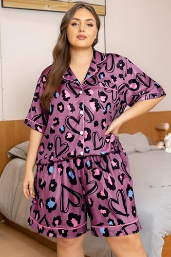Image of Vozanet Women's Short Sleeve Satin Pajama Sets Silky Ladies Button Down Loungewear Plus Size Nighty Shorts Sets XL to 5XL