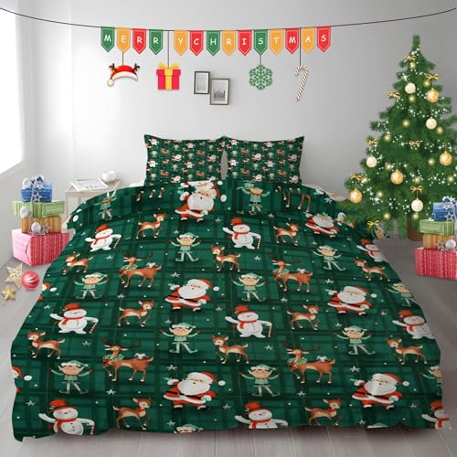 布団カバー ダブル グリーンチェック|マイクロファイバー 掛け布団カバー 190x210 +枕カバー 2枚 3点セット|吸汗速乾・防静電気・洗濯耐久|肌ざわり最高 サンタと雪だるま なプリントデザイン PH382