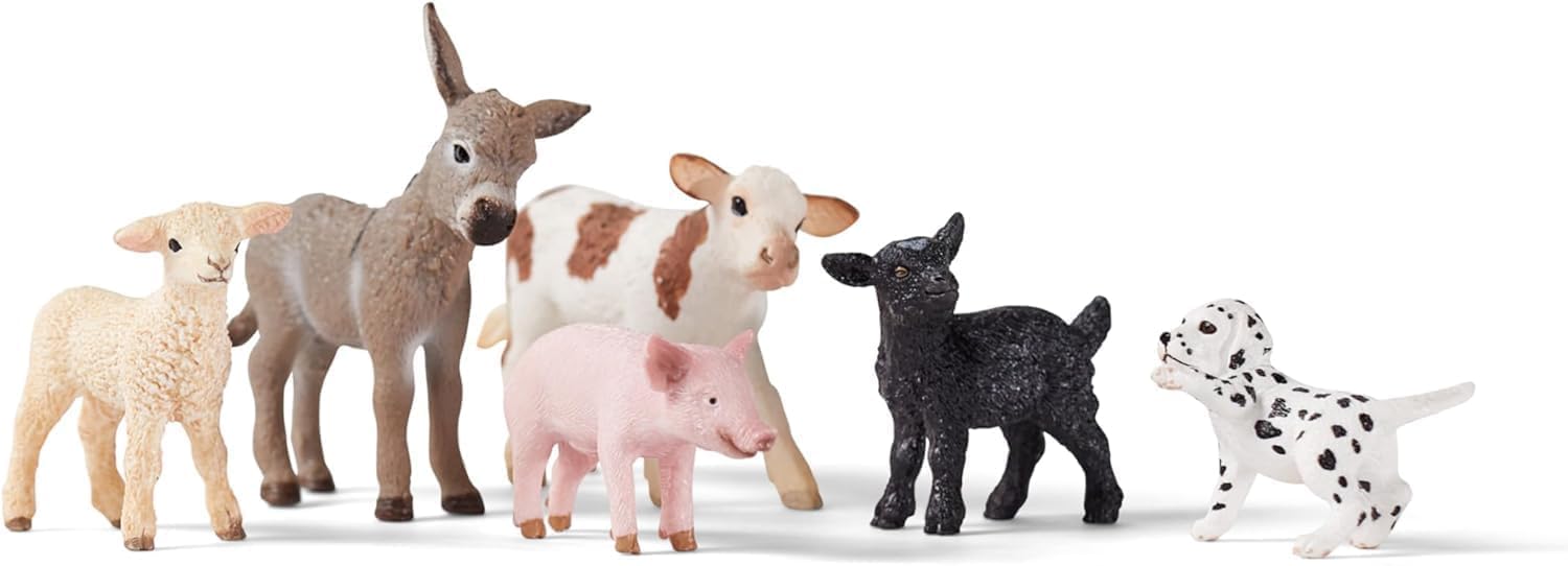 Farm World - 6 PC Baby Farm Animal Toy Bundle - Realistic Barnyard Set with Donkey Foal, Piglet, Lamb, Calf, Baby Goat, and Puppy Figurines - Educational Toys for Toddlers - Kids 3+ | 77534