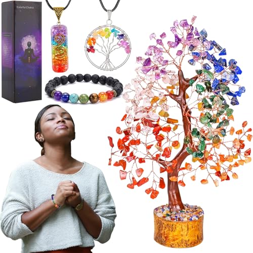 Arboles Decorativos, Home Árbol de Cristal de Siete Chakras, Collar del Árbol de la Vida y Pulsera de Siete Chakras, Péndulo Natural de 7 Chakras, Árbol de la Vida Decorativo, Regalo...
