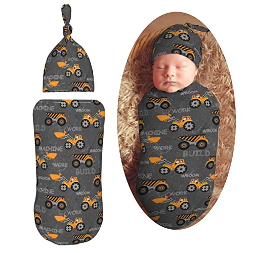 Image of AuHomea Kids Construction Machines Truck Tractor Newborn Swaddle Blanket with Beanie Set Soft Baby Sleep Sack Stretch Adjustable Swaddle Wraps Receiving Blankets