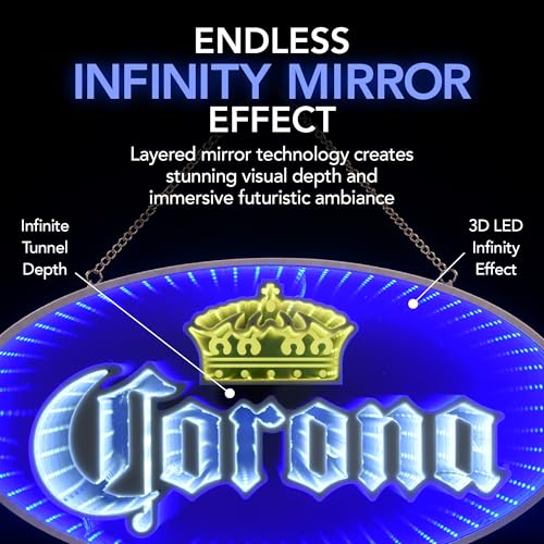 Image of Corona Beer Infinity Mirror LED Neon Light Sign for Man Cave, Home Bar, Garage, Game Room & Pub Decor, Blue Wall Art with 3D Tunnel Lighting Effect, USB Powered Hanging Beer Bar Sign