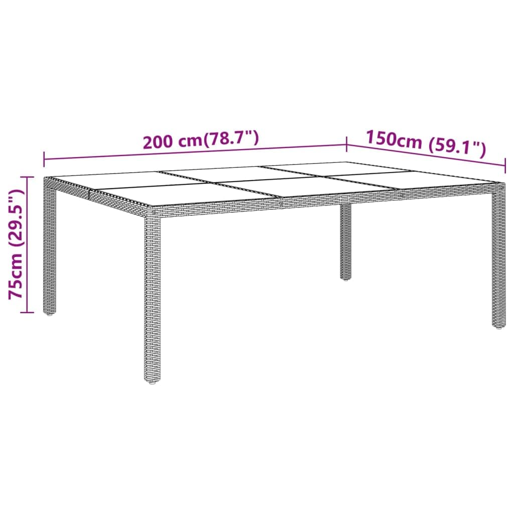 Mesa de jardín con tapa de cristal marrón, 200 x 150 x 75 cm, ratán impermeable, mesa de comedor con marco de acero para terraza, tablero de cristal templado, muebles de jardín duraderos