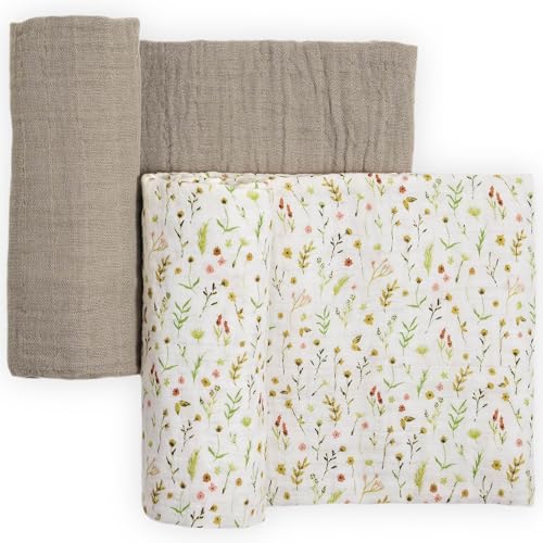 Little Unicorn 100% Natural Organic Cotton Muslin Swaddle Blanket 2 Pack | Giftable Set of 2 swaddles (Floral Field)