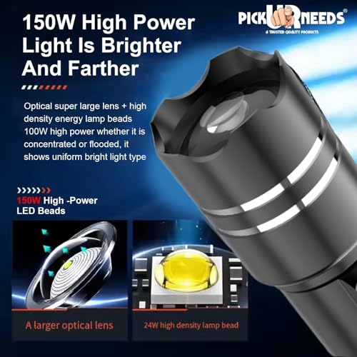 Image of Pick Ur Needs Rechargeable Home Emergency LED 150W Super Bright with Zoom, 6 Modes, 1800mAh Battery Metal Search Torch Light