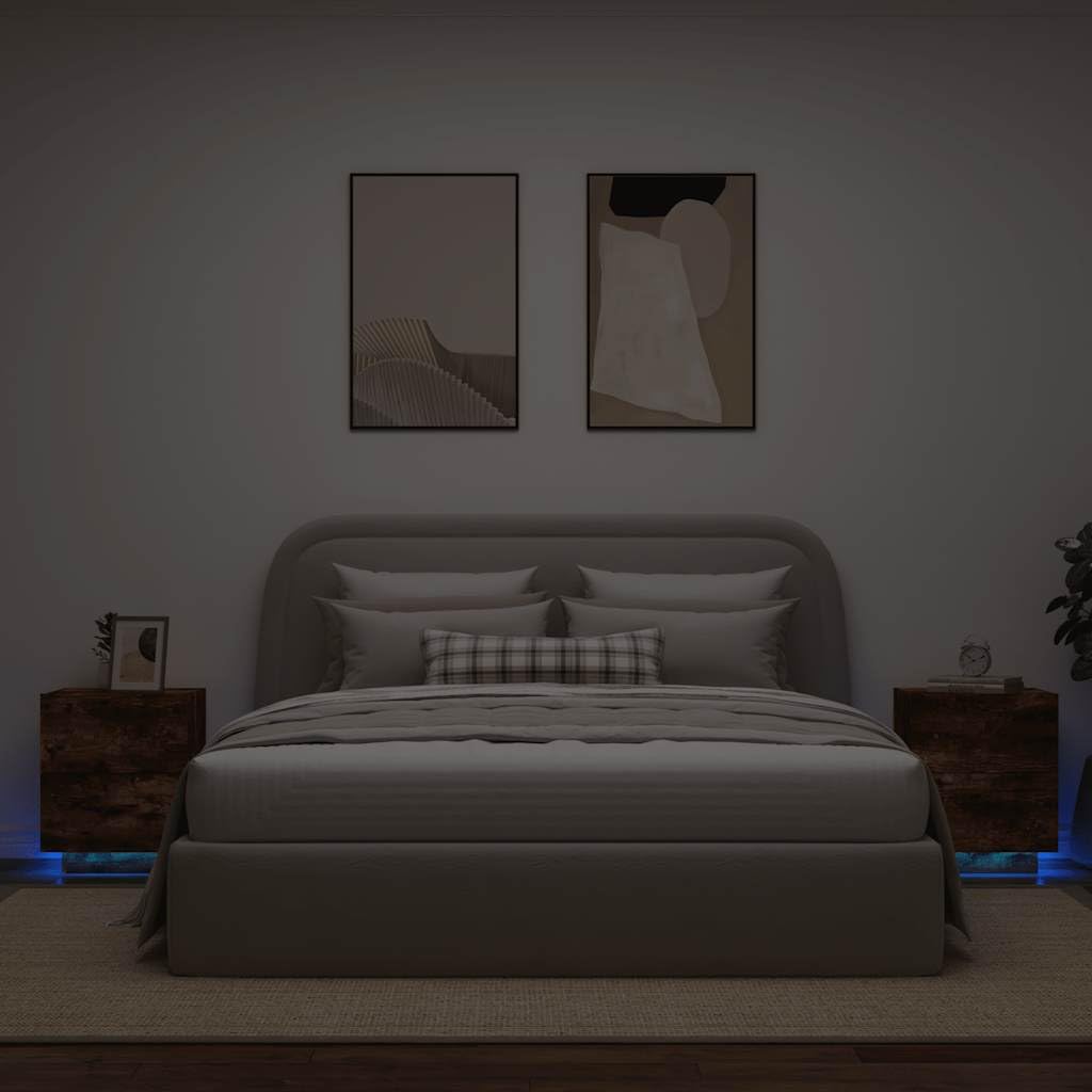 Szafki nocne 2 szt z szufladami i oświetleniem LED RGB, stoliki nocne z tworzywa drewnopochodnego w kolorze przydymionego dębu, nowoczesne meble regulowanym podświetleniem