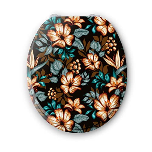 BENKI - Lunette De Toilette Fleur - Abattant WC Avec Frein De Chute - WC En Bois Avec Charnières En Acier Inoxydable & Ajustables - Forme Universelle