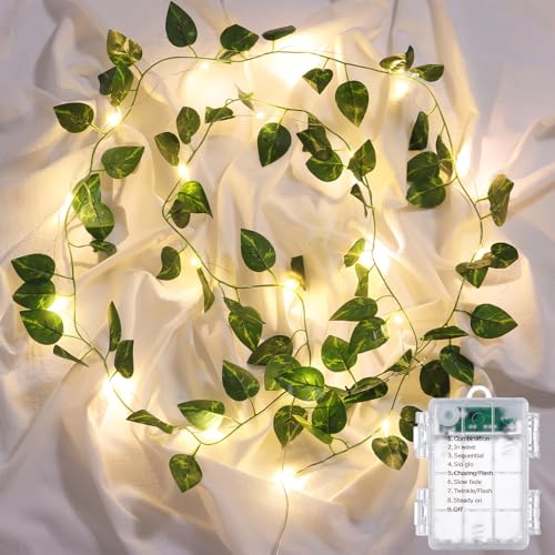 JOLAIQIAN Vines with Lights Battery Operated, 6.56ft 20 LED Pothos with Fairy Lights, Leaf Lights with 8 Modes, Fake Vines Ivy String Lights for Bedroom, Wall, Room, Garden, Party Decor, 1 Pack