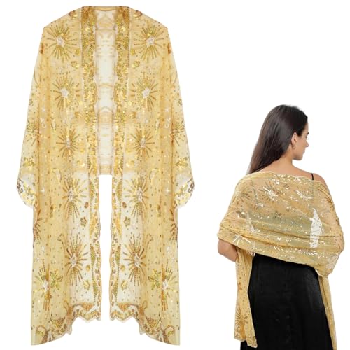 Yeria Gold Glitzer Cape Stola Damen mit Sternen und Mond Festlicher Umhang Bolero für Abendkleider,...