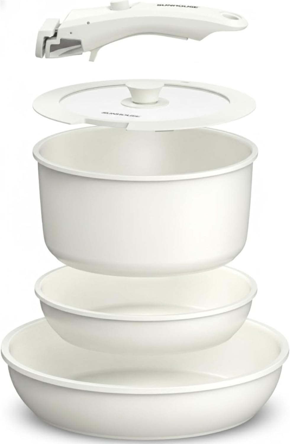 SUNHOUSE 5-Piece Ceramic Pot Pan Set with Detachable Handle - Nonstick Cookware Set with Lid - PFOA PFAS