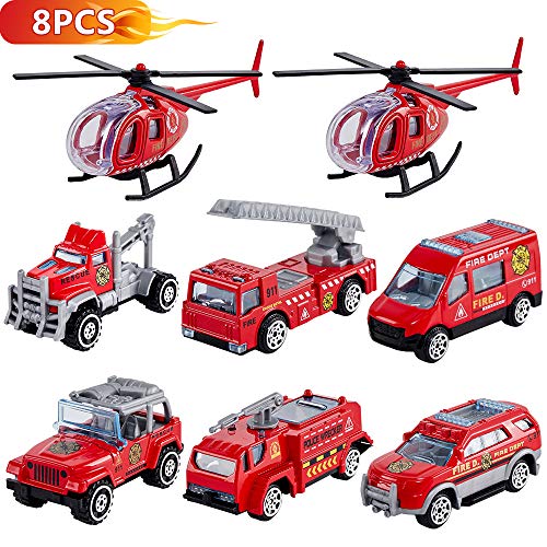 HERSITY Mini Lega di Metallo Camion dei Pompieri Vigili del Fuoco Modellini Decorazioni per Torta Macchine per Bambini Giocattoli, Set di 8