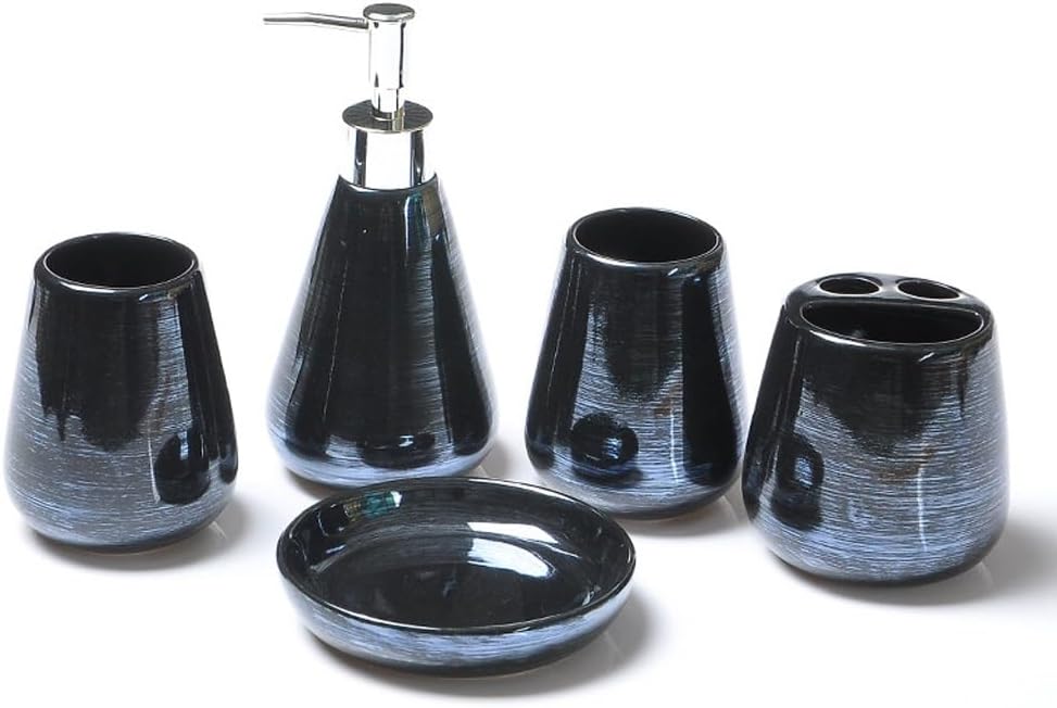 Ceramics Five-Piece Set Bathroom Kit Accessories Wedding Gift Toothbrush Holder Dispenser Bathroom Kit(Black)