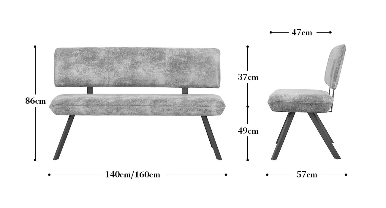 B&D home Banc Juna, Banc de Salle à Manger 140cm rembourré avec Dossier Structure métallique pour Salle à Manger, Couloir, vestiaire, Design Industriel Moderne, Aspect Daim Gris, 11310-140-GRAU