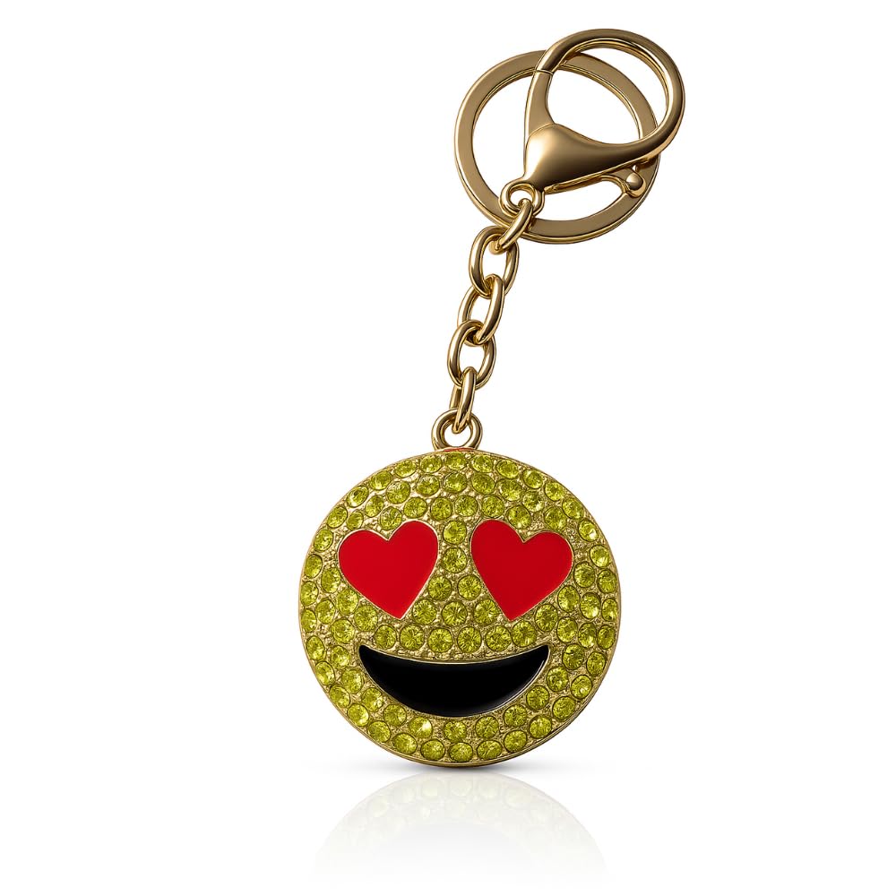 Added Sparkle Unisex Love Struck Cute Crystal Heart Eyes Emoji Keyring – Gold Plated Sparkly Smiley Face Bag Charm, Handcrafted With Crystals, 5Cm Emoji Pendant, 11Cm Total Length