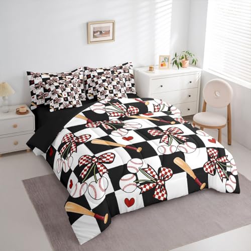 Image of 7 Pcs Baseball Cherry Bow Bedding Sets with Sheets,Comforter,Pillowcases,Pillow Covers Checkered Bowknot Sports Style Comforter Set Black White Patchwork Grid Bedroom Dorm Decor Bed Set,King Size