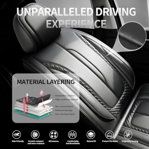 Image of Fit Outback Car Seat Covers Compatible with Subaru Outback 2010-2025 2026 - Premium Breathable Leather,Airbag Compatible,Waterproof All-Weather Seat Cushion Protector, Full Set All Black