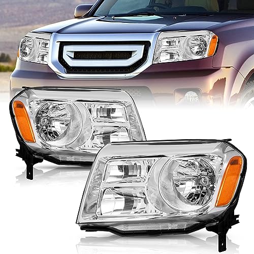 TUSDAR Headlight Assembly Pair Fit 2012 2013 2014 2015 Honda Pilot Front Headlamp Chrome Housing with Amber Reflector (Driver and Passenger Side)