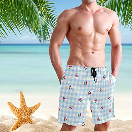 Cute Cherry Blue Check Men's Swim Trunks Beach Shorts Quick Dry Swim Board shorts With Pockets M3