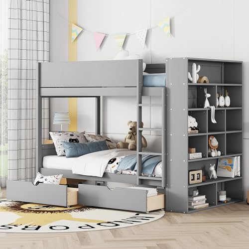 Merax Bunk Bed Twin Over Twin, Bunk Bed with Storage Bookcase, Wood Bunk Bed Frame with 2 Drawers and Multi-Layer Cabinet, Gray