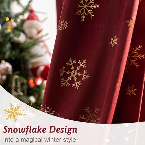 Image of Beauoop Christmas Red Velvet Curtains 63 Inches Long 2 Panels for Bedroom Living Room Gold Patterned Burgundy Thermal Insulated Room Darkening Rod Pocket Window Treatments Drapes, 52X63 Set of 2