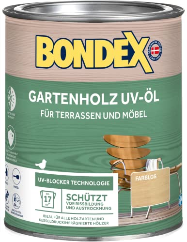Bondex 365223 Huile UV pour bois de jardin incolore 0,75 l pour 17 m² – Protège contre les fissures et le dessèchement – Protection du bois avec...