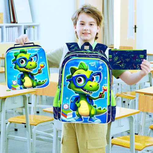 Image of 16 inch Dinosaur Backpack for Boys, 3Pcs Bookbag with Lunch Box, Kids School Backpacks Set for Elementary Preschool Kindergarten (Green)