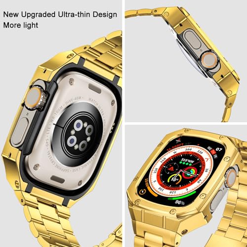 Image of BAITEYOU Stainless Steel Watch Band with Case Compatible with Apple Watch Ultra 3 2 1 band (49mm), Rugged Strap with Metal Protective Bumper Cover for iWatch Bands Men (Gold)