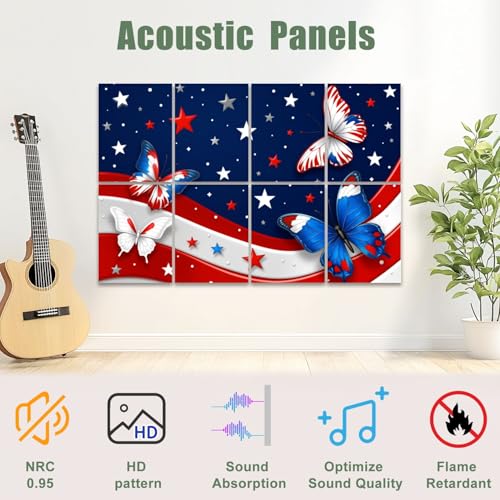 Paquete de 8 Paneles Acústicos Artísticos Patrióticos Rojiblancos Azules con Mariposas Estrellas y Rayas 48"x32" miniatura 3
