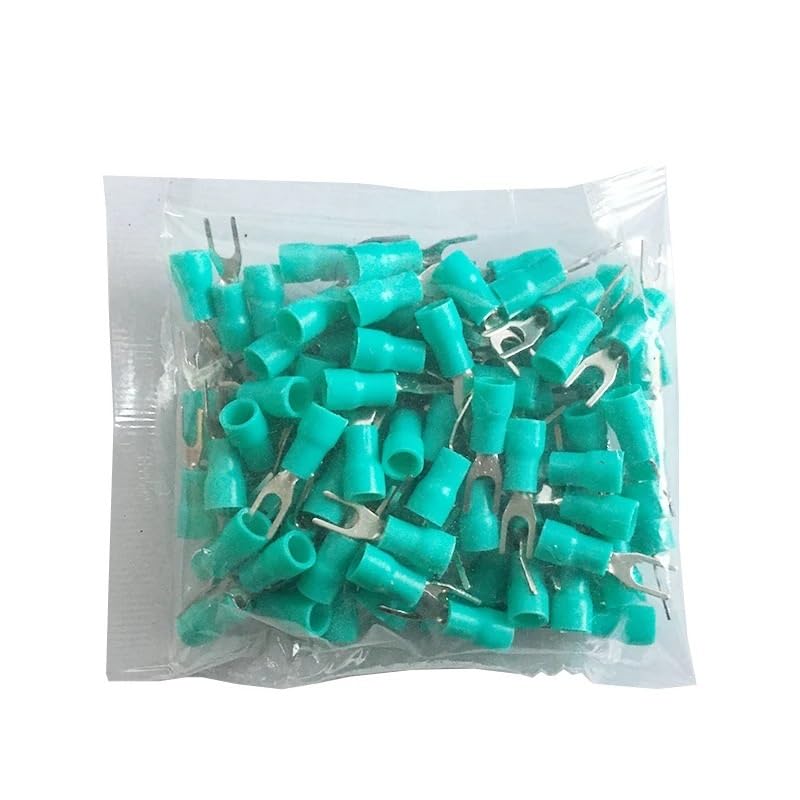 50/100Pcs SV1.25/2/3.5/5.5 Insulated Brass Fork Spade Wire Connectors U Type Electrical Crimp Terminal for 22-10AWG 0.5-6mm(Green,50PCS,SV2-5)