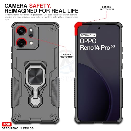 Image of AESTMO Armor Back Cover for Oppo Reno 14 Pro 5G | Ring Holder & Kickstand & Camera Protection in-Built | 360 Degree Protection Back Case Cover (Black)