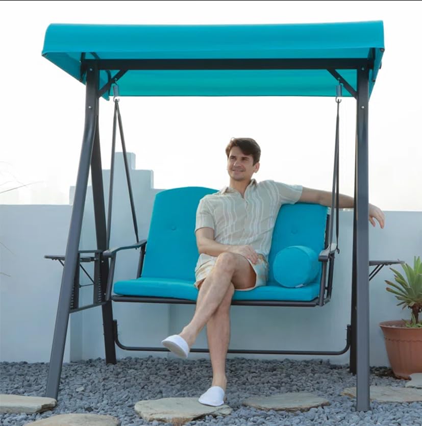 Image of PURPLE LEAF Outdoor Patio Porch Swing with Stand, 2-seat Swing Chair with Adjustable Tilt Canopy All-Weather Steel Frame for Backyard Front Porch Lawn, Cushions and Pillow Included, Turquoise Blue