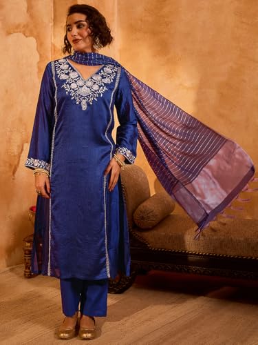 Image of Naixa Women's Viscose Silk Embroidered Straight Kurta with Pant | Viscose Jacquard Dupatta Set | Full Sleeve | V-Neck | Festive (Available in Plus Size)