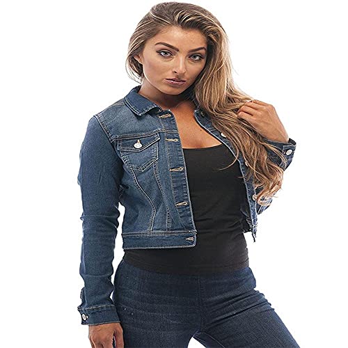 HHKLSF Veste en jean pour femme, automne et hiver, couleur unie, veste en jean slim - Bleu foncé _ 3XL Cover