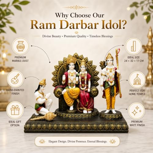 Image of ARMONIA Ram Darbar with Ram, Laxman, Sita & Hanuman Murti Idol Statue for Home Decor Temple | Marble Dust Finish- Multicolor - 24 * 32 cm | Best Gift for Wedding & Housewarming (Including Cloth)
