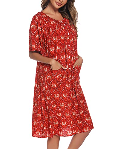 COSUNIONY House Dresses for Women Cotton Short Sleeve House Coat Buttons Down Dusters Robe with Pockets S-XXL4