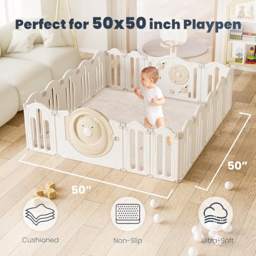 Image of ACOMOPACK 1.3 inch Thick Baby Play Mat for Floor,50x50 Elasti-Foam Playpen Mat for Kids,Infants,Toddlers, Ultra Soft Crawling Mat with Non-Slip Bottom,Tummy Time,Nursery Rug,Yoga,Tatami(Beige)