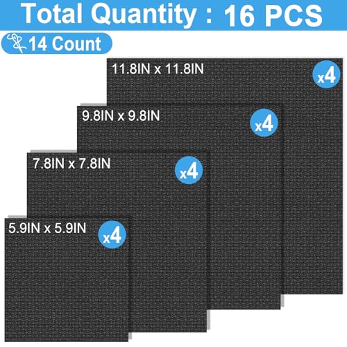 Image of MYFAMIREA 16PCS Cross Stitch Fabric, 4 Sizes Black Aida Cloth 14 Count Craft Embroidery Cloth Classic Reserve Cross Stitch for Home DIY Handmade Needlework Embroidery Decoration, 5.9 to 11.8 inch