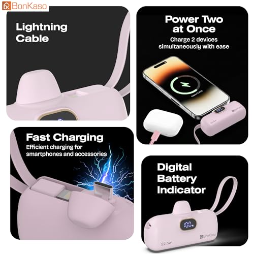 Image of BonKaso 5000mAh Mini Power Bank with Built in Cable, 22.5W PD Fast Charging Pocket Portable Charger, USB Type C Input and Output, Digital LED Display for iPhone and Android, Pink