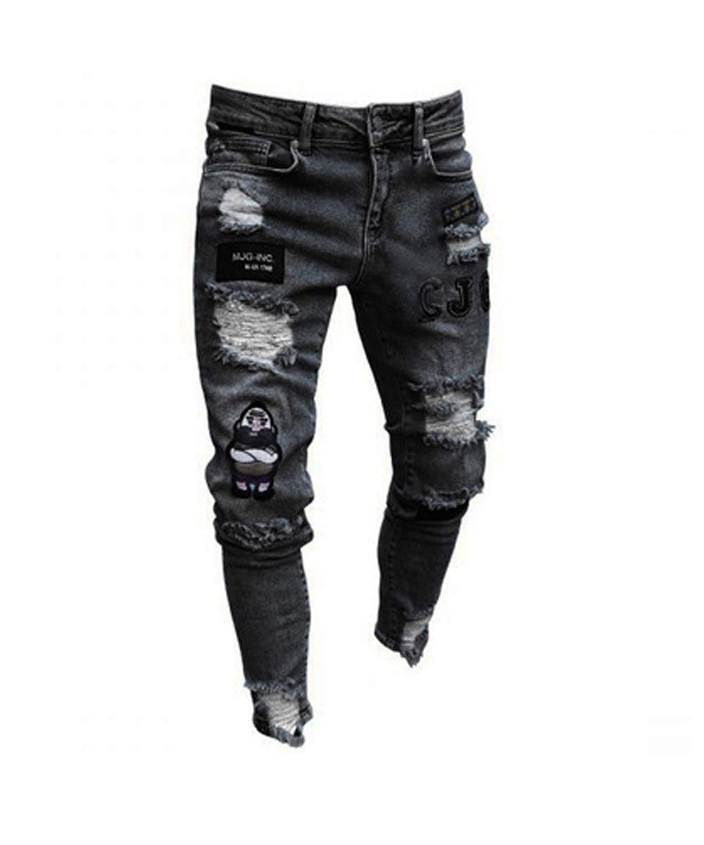 REPPUNK Men's Casual Distressed Patched Ripped Slim Fitted Skinny Denim Pants