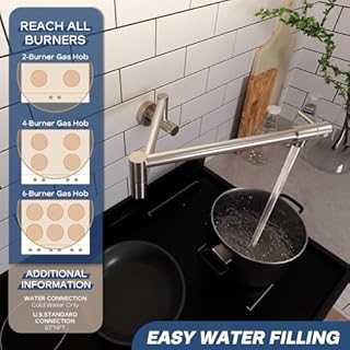 Pot Filler Faucet Wall Mount, VMASSTONE Brushed Nickel Commercial Kitchen Folding Faucet, Dual Joint Swing Arms, Lead-Free Brass Pot Filler Over Stove, Modern Design with 2 Handles