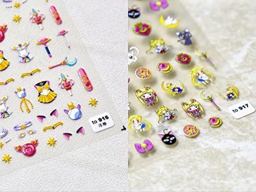 New 5D Embossed Anime Nail Art Sticker Decals Children Princess Cartoon Anime Moon Hare Anime Nail Art Sticker 2 Sheets + 4 Pcs 3D Diamond Nail Art Accessories For Nail Art Decoration #TOP5