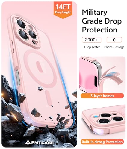 Image of FNTCASE for iPhone 16 Pro Max Case: [Compatible with Magsafe] Translucent Matte Cases with [Full Camera Protection] [Screen Protector] Military Grade Shockproof Protective Phone Cover - Light Pink