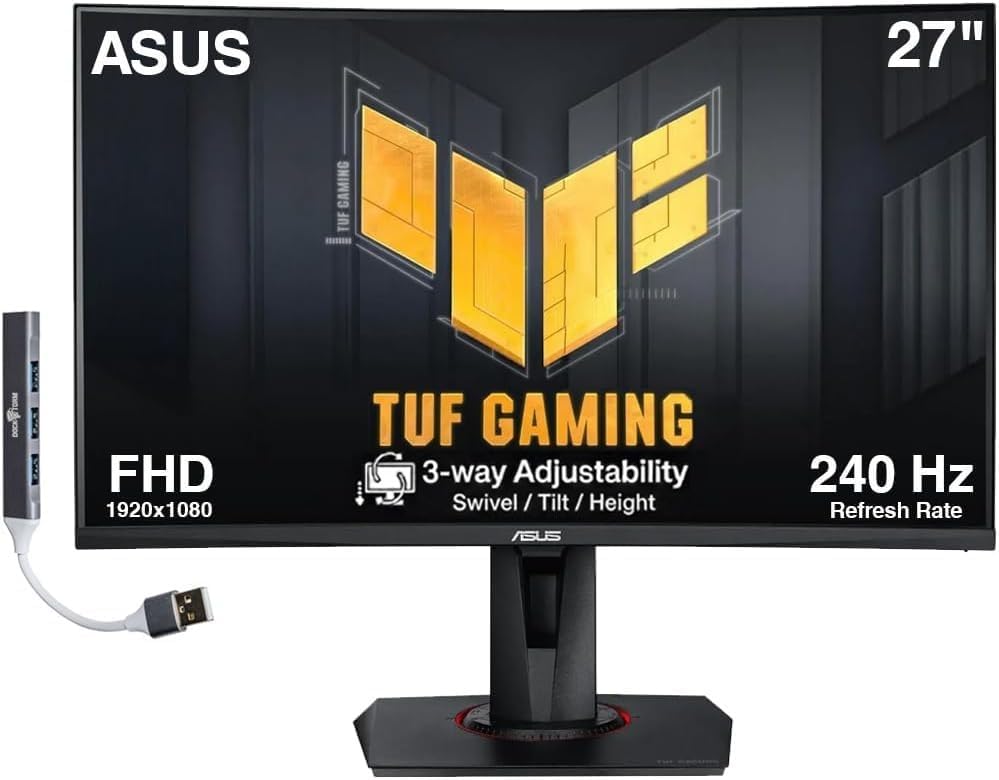 Image of ASUS TUF 27 inch 240Hz FHD Curved Gaming Monitor with Adj Tilt /Swivel /Height | 1ms Response Time, Flicker-Free, Adaptive-sync, AMD FreeSync Premium, VESA Mount, HDMI, Displayport, Dockztorm USB Port Exp